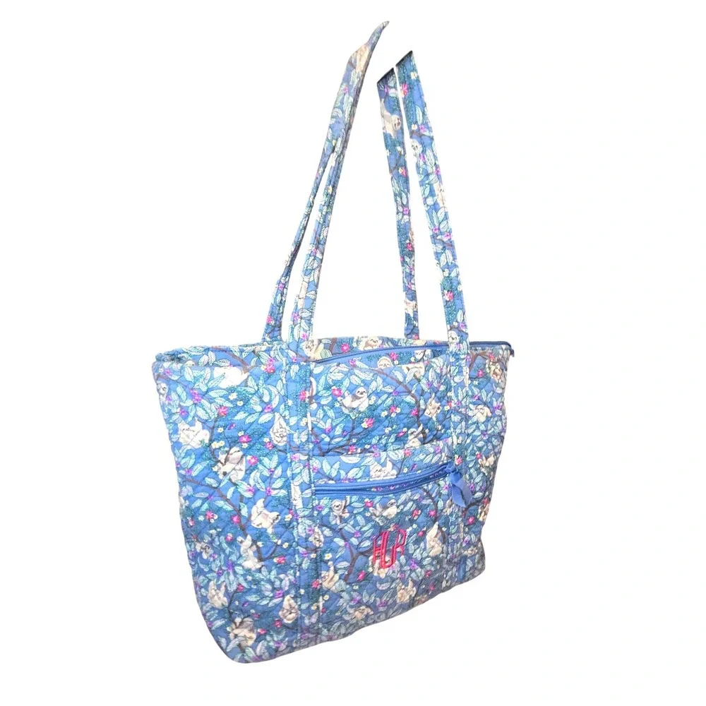 Vera Bradley Sloth Picnic Quilted Cotton Tote Bag Blue Floral Animal Monogram AL
